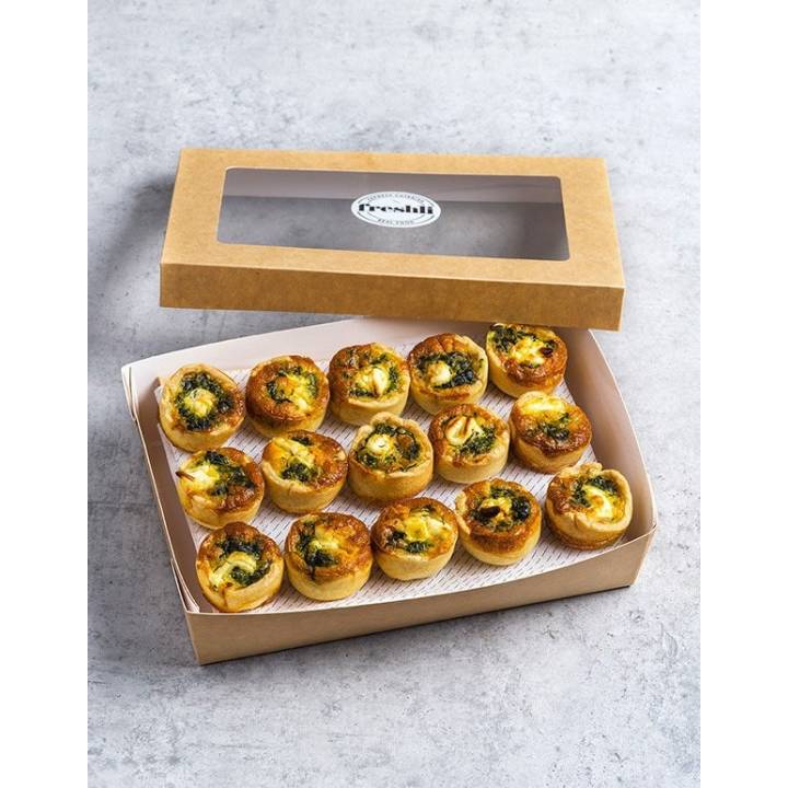 Box de 15 unidades de mini quiche de espinacas, cream chesse y crema